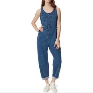 Frayed Blue Denim Jumpsuit Button Front Cinch Waist casual chic Sz M EUC